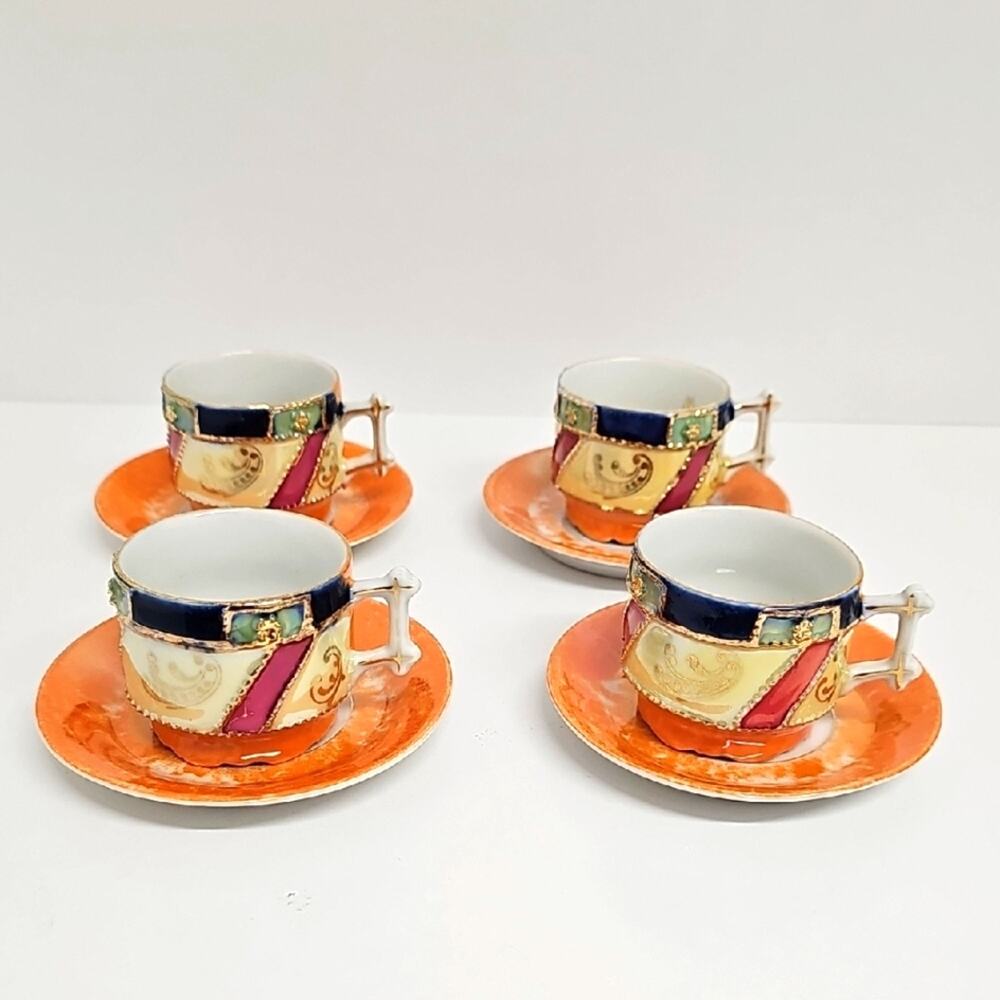 Made in Germany Colorful Lucky 7 Porcelain Mini Tea Cups w/Saucers Set of 4